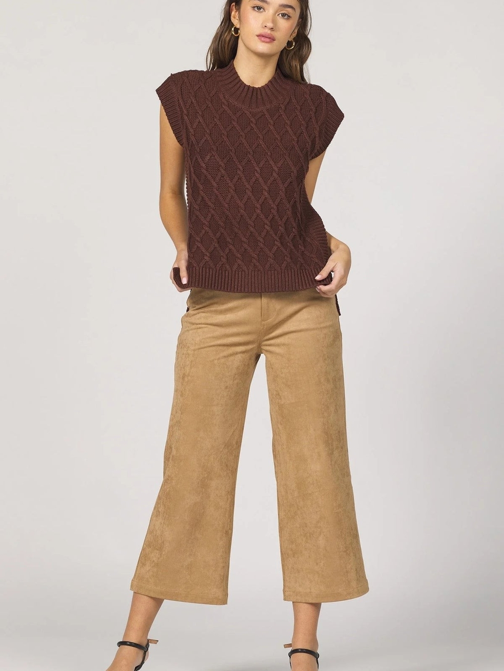 DEAR JOHN Chocolate Brown Cable Knit Short-Sleeve Sweater Oversized Large - Picture 9 of 13